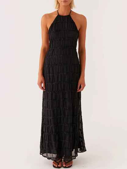 Halter Neck Tiered Ruffle Pleated Bodycon Maxi Dress