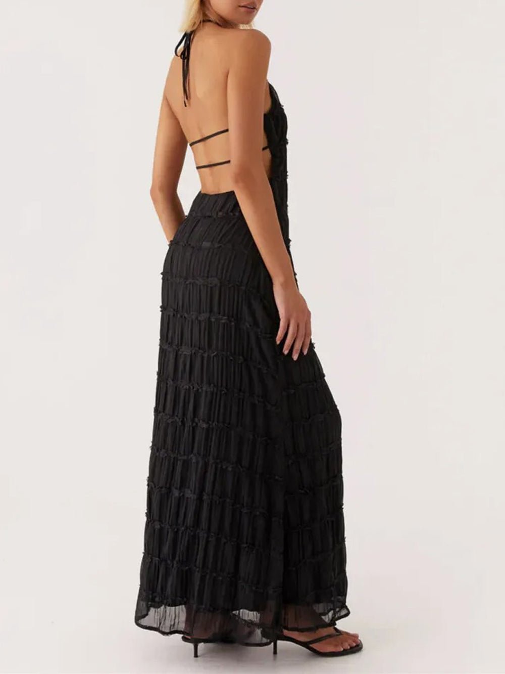 Halter Neck Tiered Ruffle Pleated Bodycon Maxi Dress