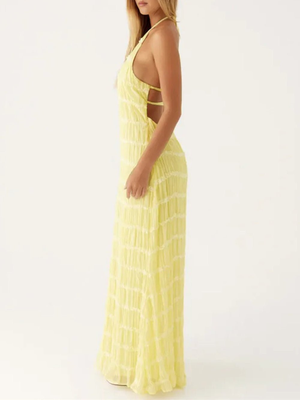 Halter Neck Tiered Ruffle Pleated Bodycon Maxi Dress