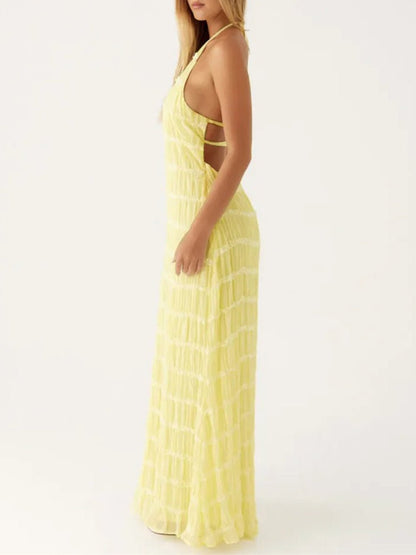 Halter Neck Tiered Ruffle Pleated Bodycon Maxi Dress