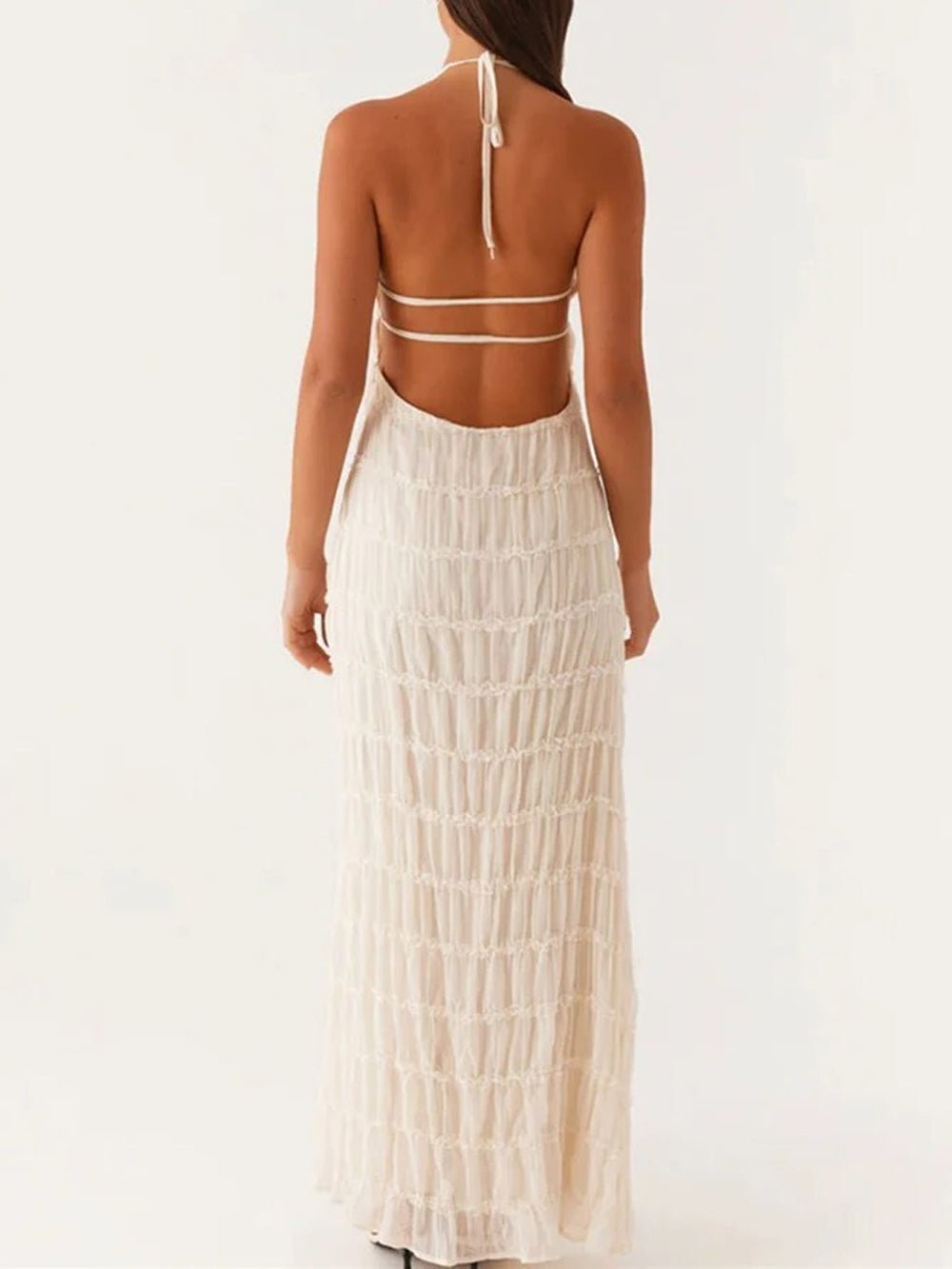 Halter Neck Tiered Ruffle Pleated Bodycon Maxi Dress
