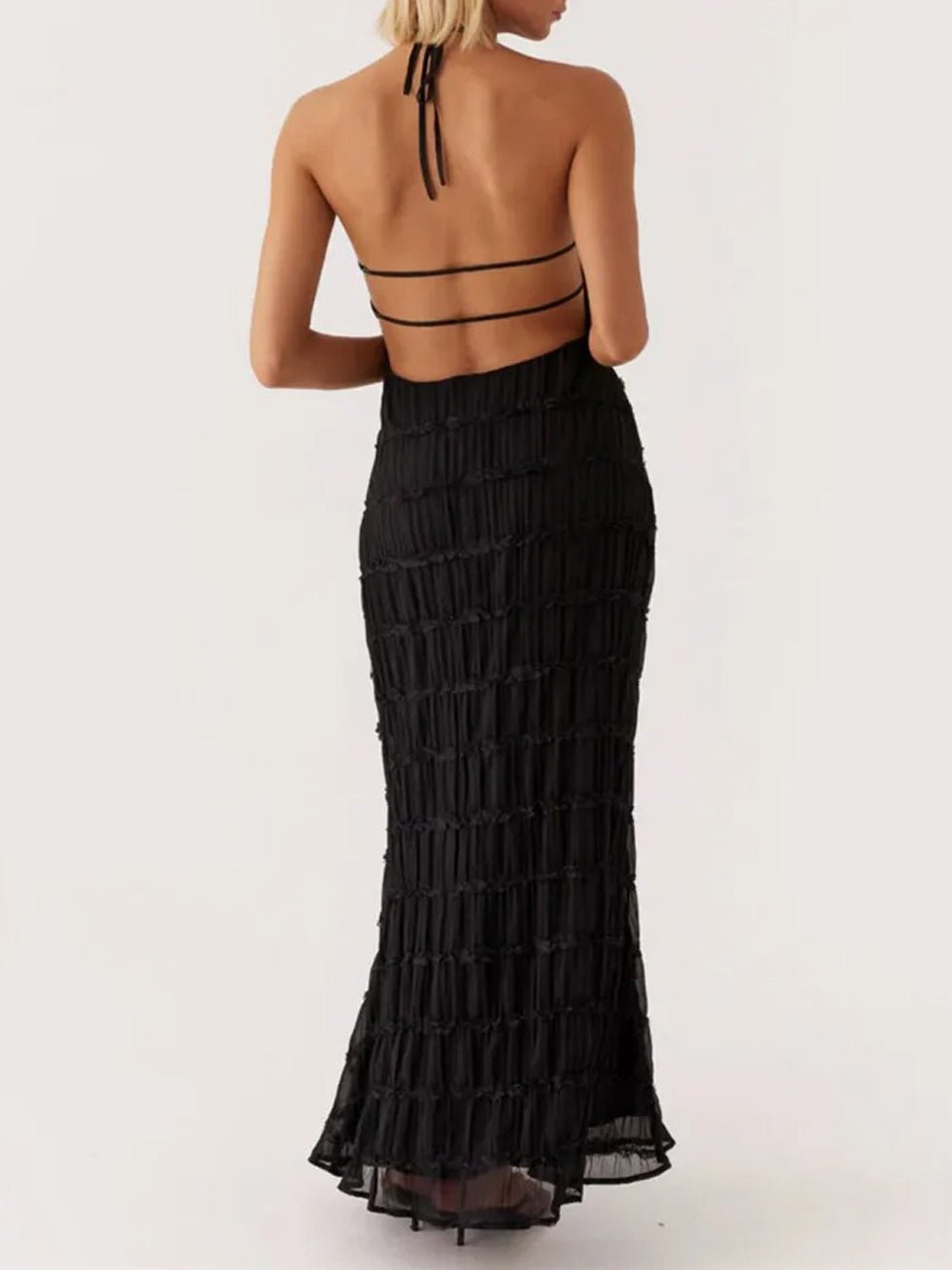 Halter Neck Tiered Ruffle Pleated Bodycon Maxi Dress