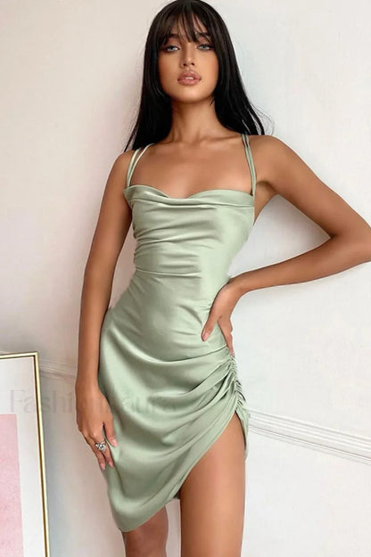 Ruched Backless Stylish Satin Mini Dress