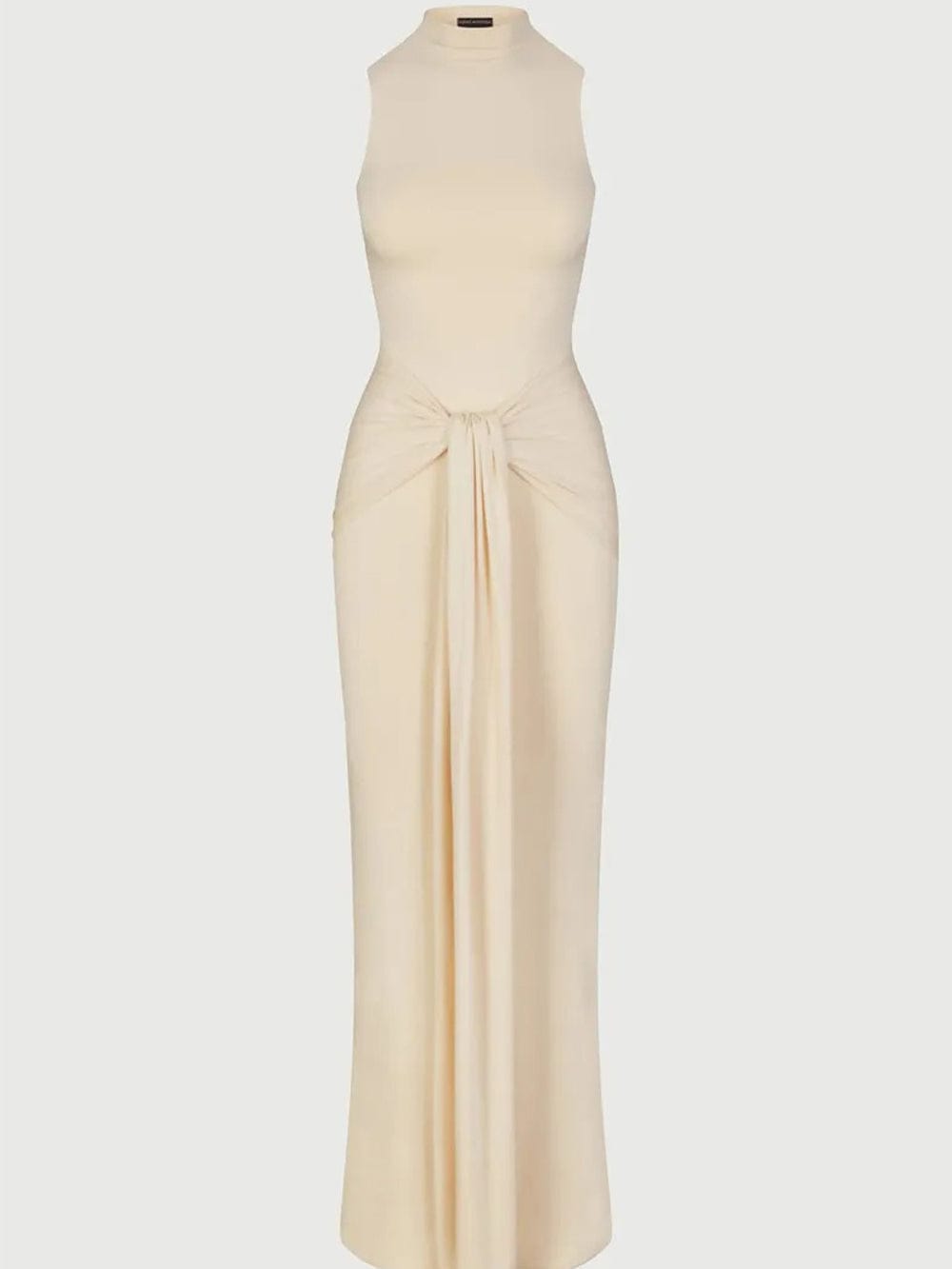 Mock Neck Knotted Center Drape Panel Bodycon Maxi Dress