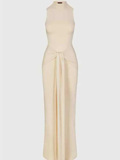 Mock Neck Knotted Center Drape Panel Bodycon Maxi Dress