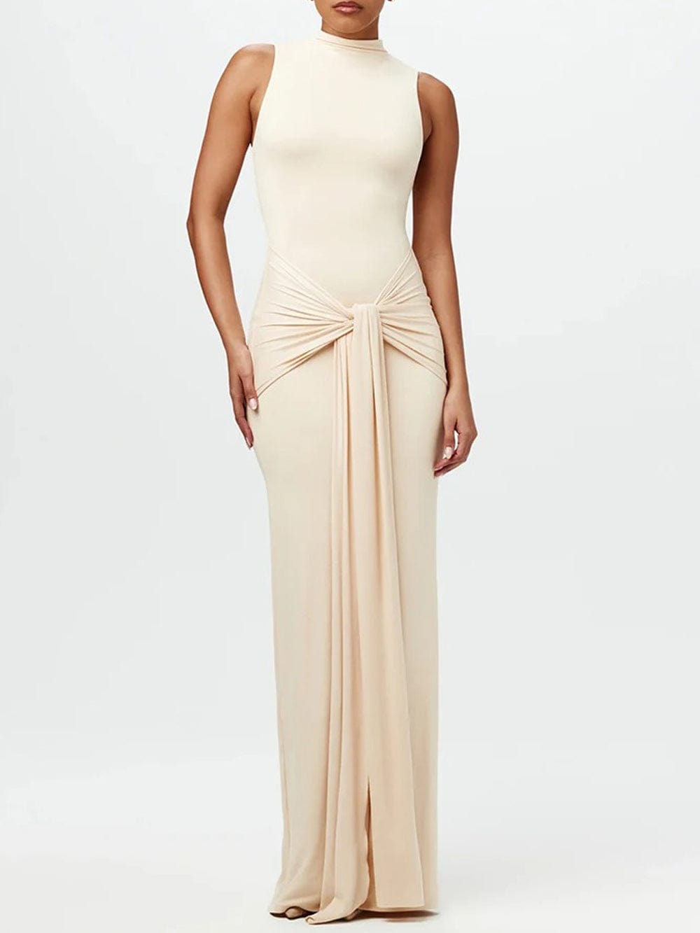 Mock Neck Knotted Center Drape Panel Bodycon Maxi Dress