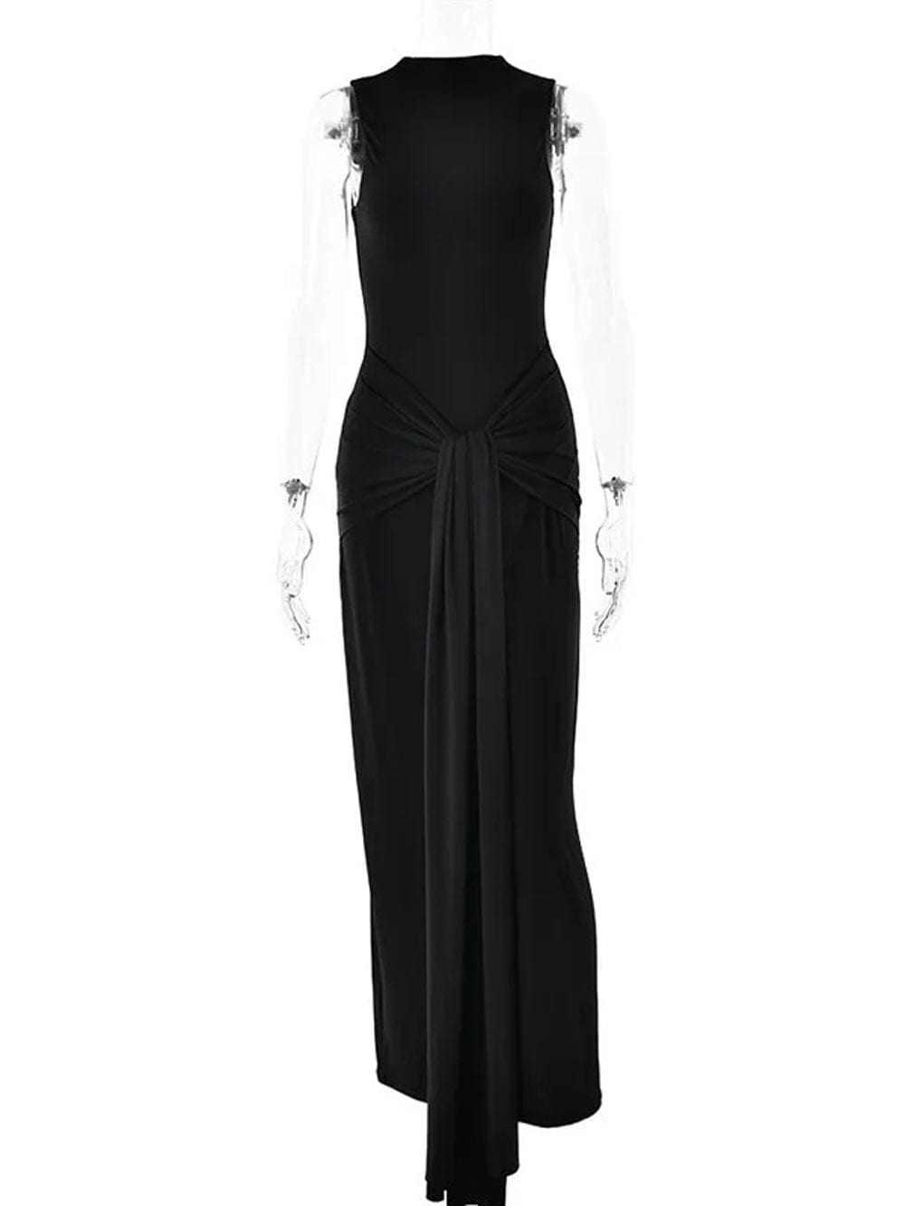 Mock Neck Knotted Center Drape Panel Bodycon Maxi Dress