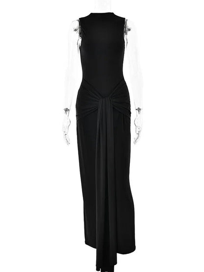 Mock Neck Knotted Center Drape Panel Bodycon Maxi Dress
