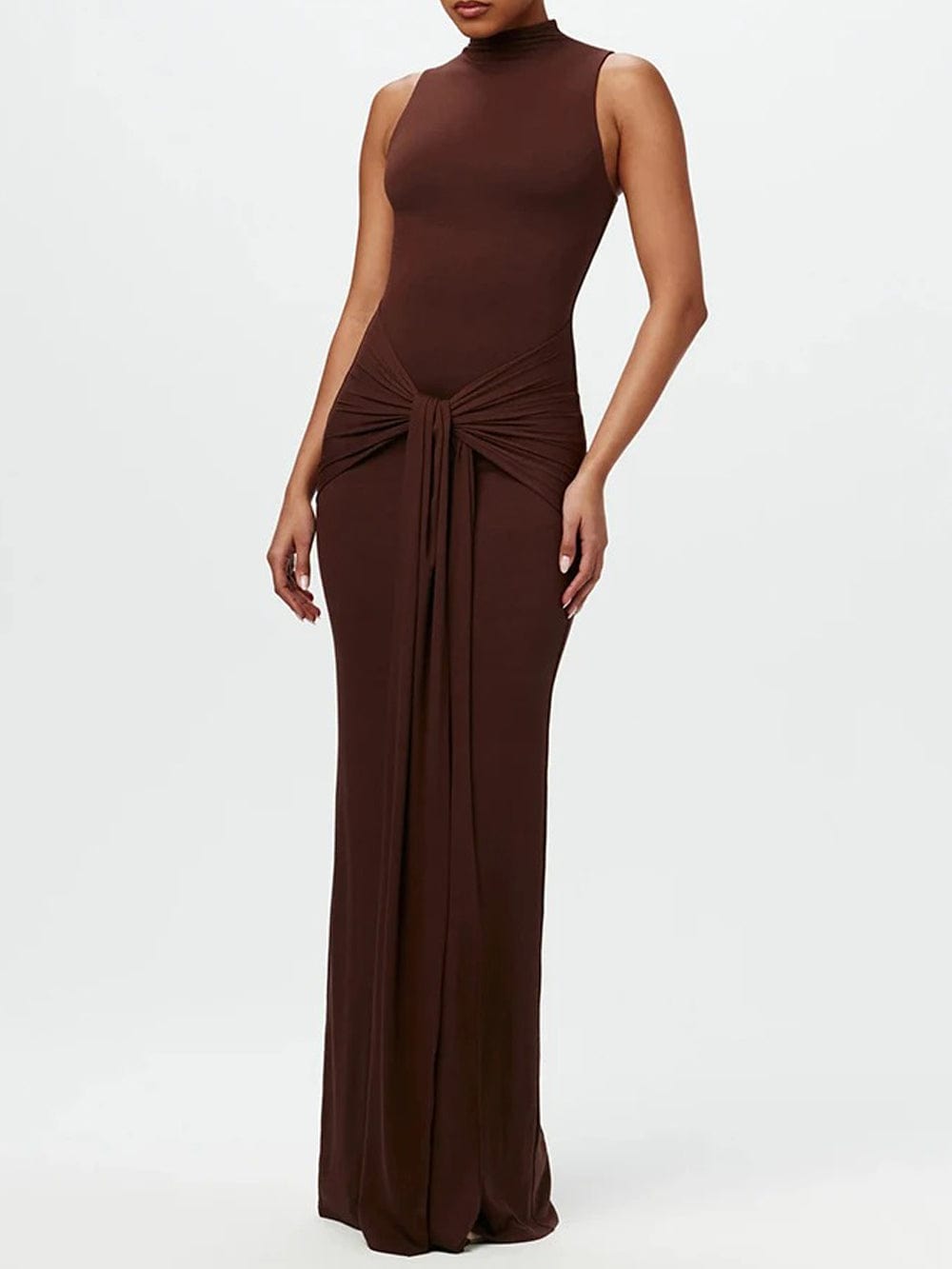 Mock Neck Knotted Center Drape Panel Bodycon Maxi Dress