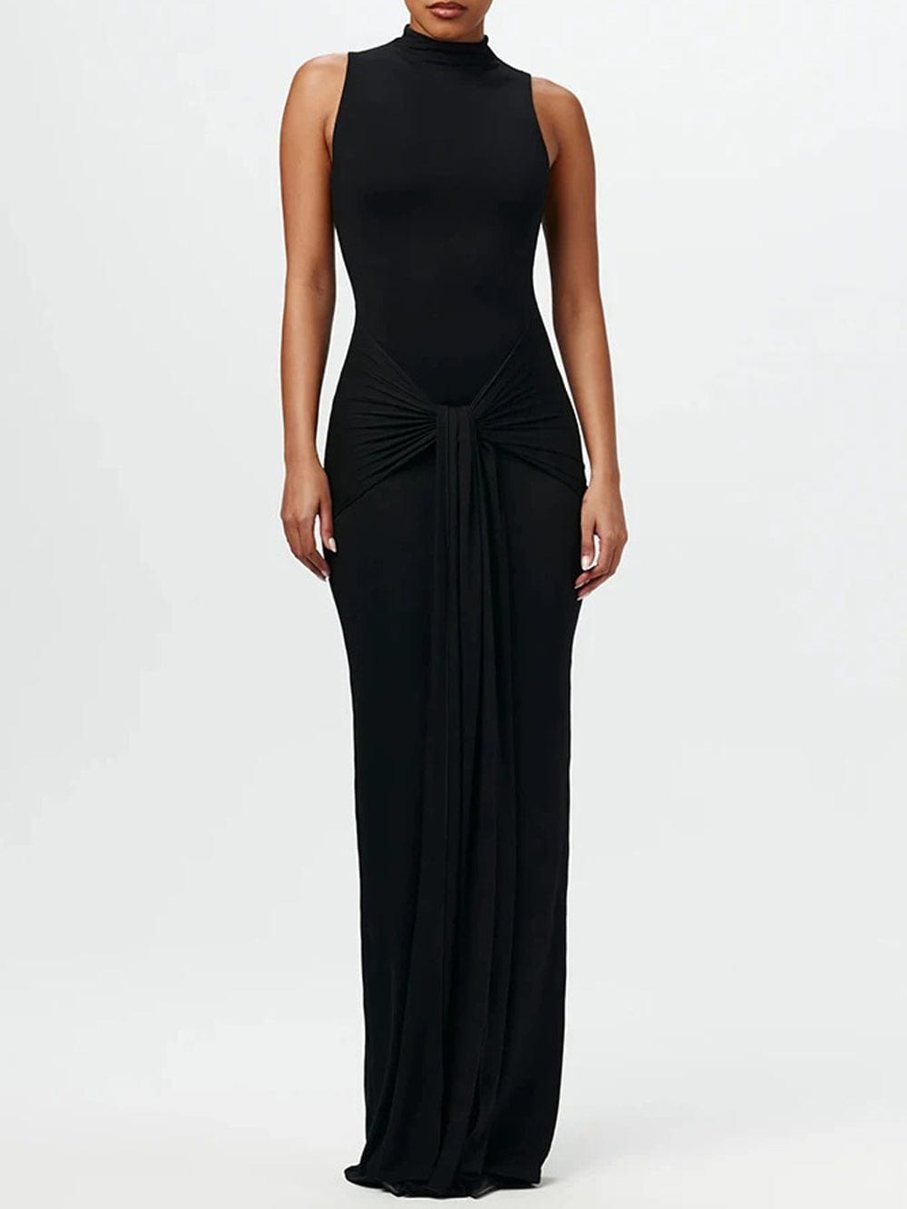 Mock Neck Knotted Center Drape Panel Bodycon Maxi Dress