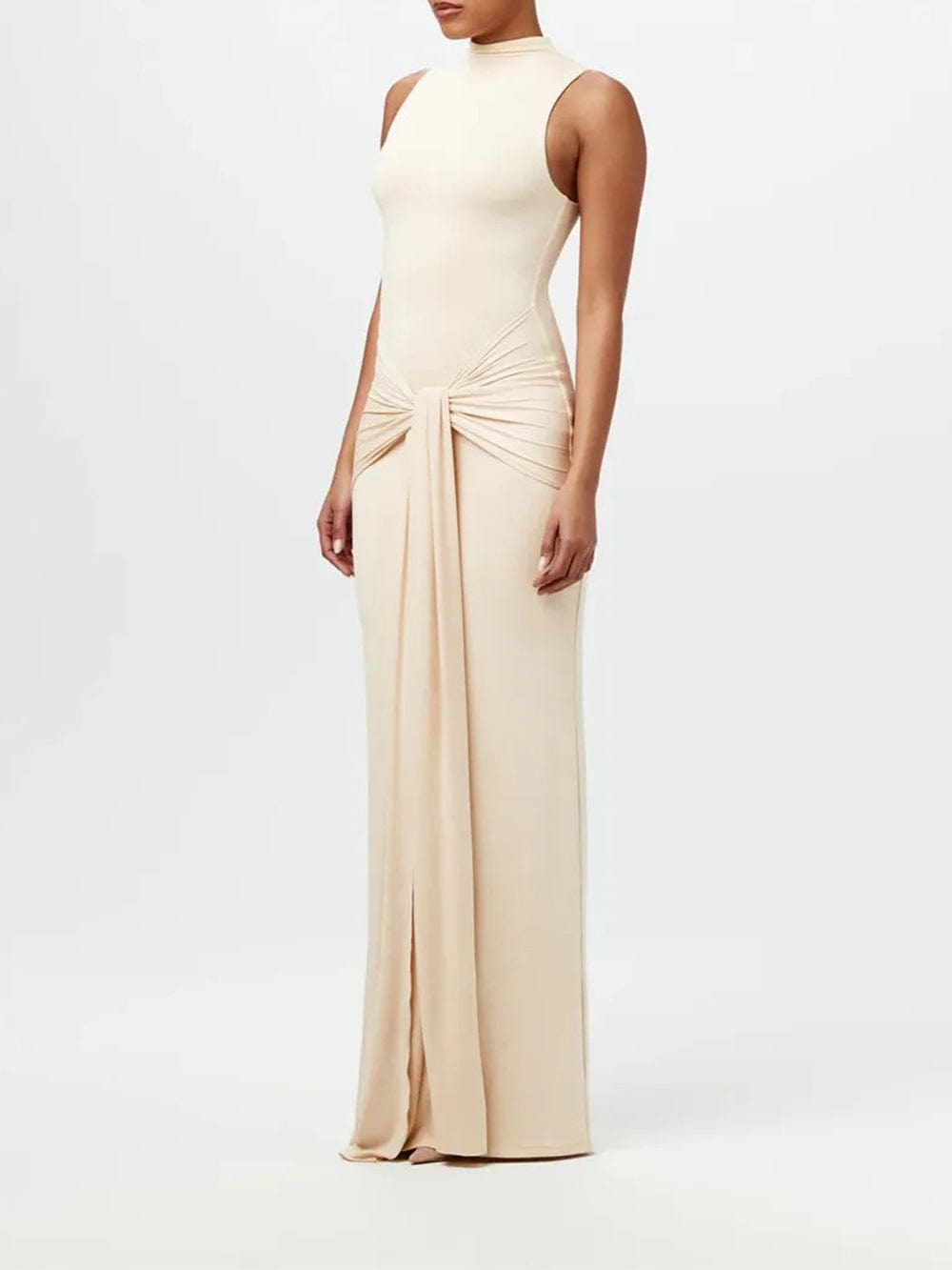 Mock Neck Knotted Center Drape Panel Bodycon Maxi Dress