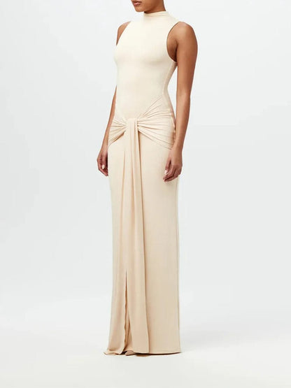 Mock Neck Knotted Center Drape Panel Bodycon Maxi Dress
