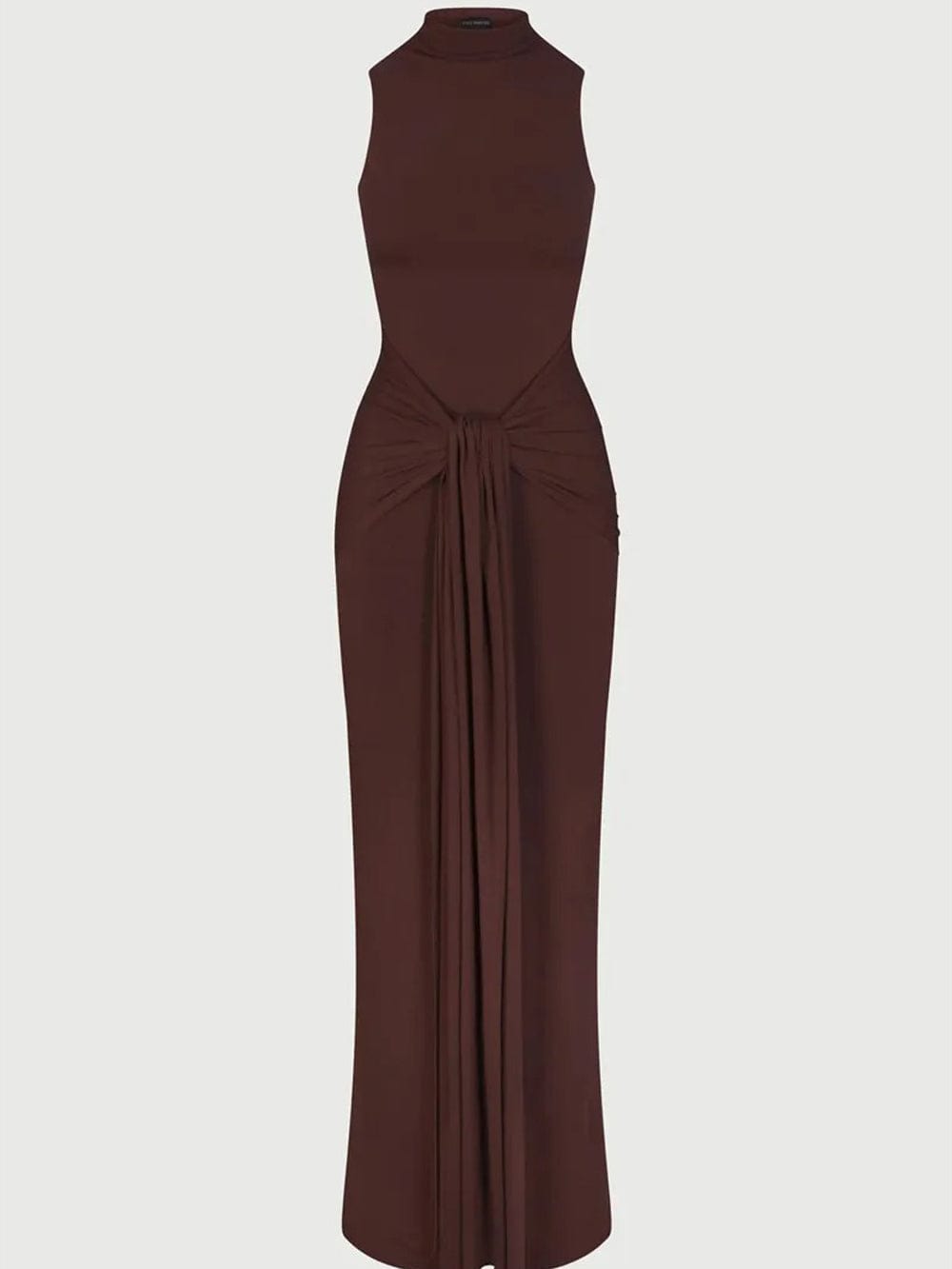 Mock Neck Knotted Center Drape Panel Bodycon Maxi Dress