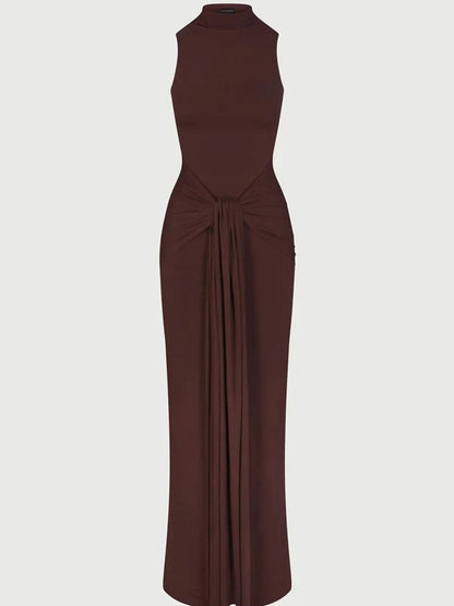 Mock Neck Knotted Center Drape Panel Bodycon Maxi Dress
