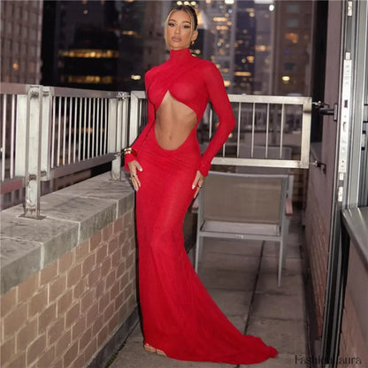 Ruched Red Cut Out Maxi Dress