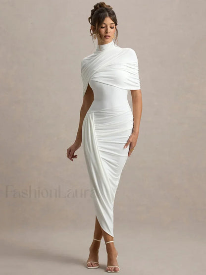 Ruched Turtleneck Midi Dress