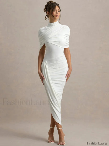 Ruched Turtleneck Midi Dress