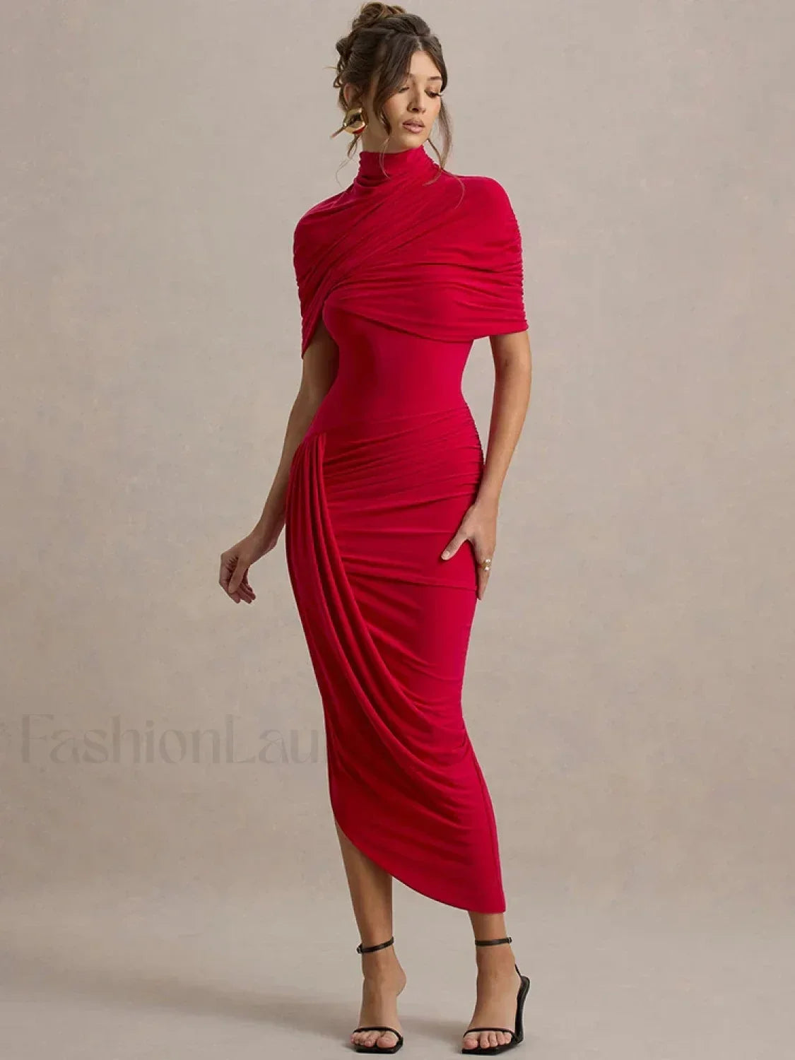 Ruched Turtleneck Midi Dress