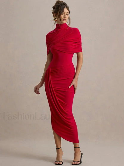 Ruched Turtleneck Midi Dress