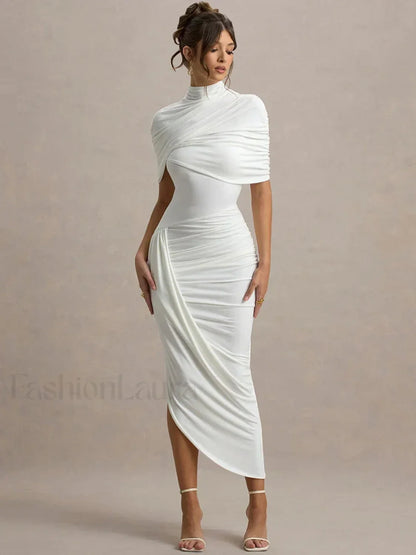 Ruched Turtleneck Midi Dress