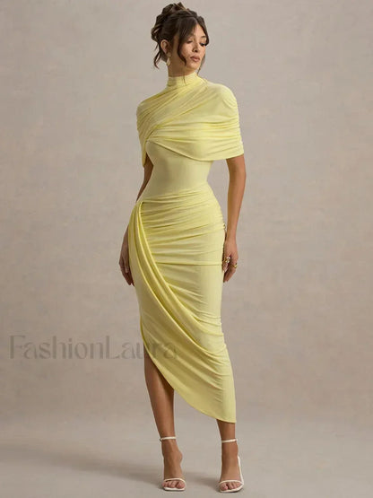 Ruched Turtleneck Midi Dress