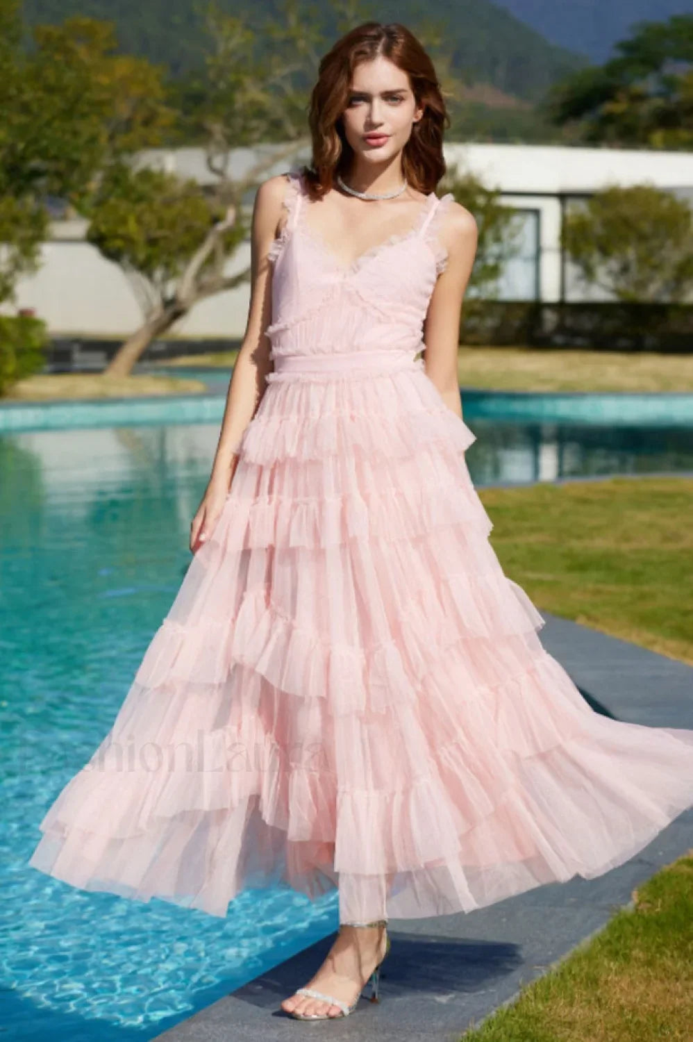 Ruffle V Neck Charming Tiered Tulle Evening Dress