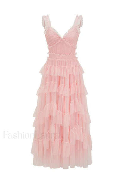 Ruffle V Neck Charming Tiered Tulle Evening Dress