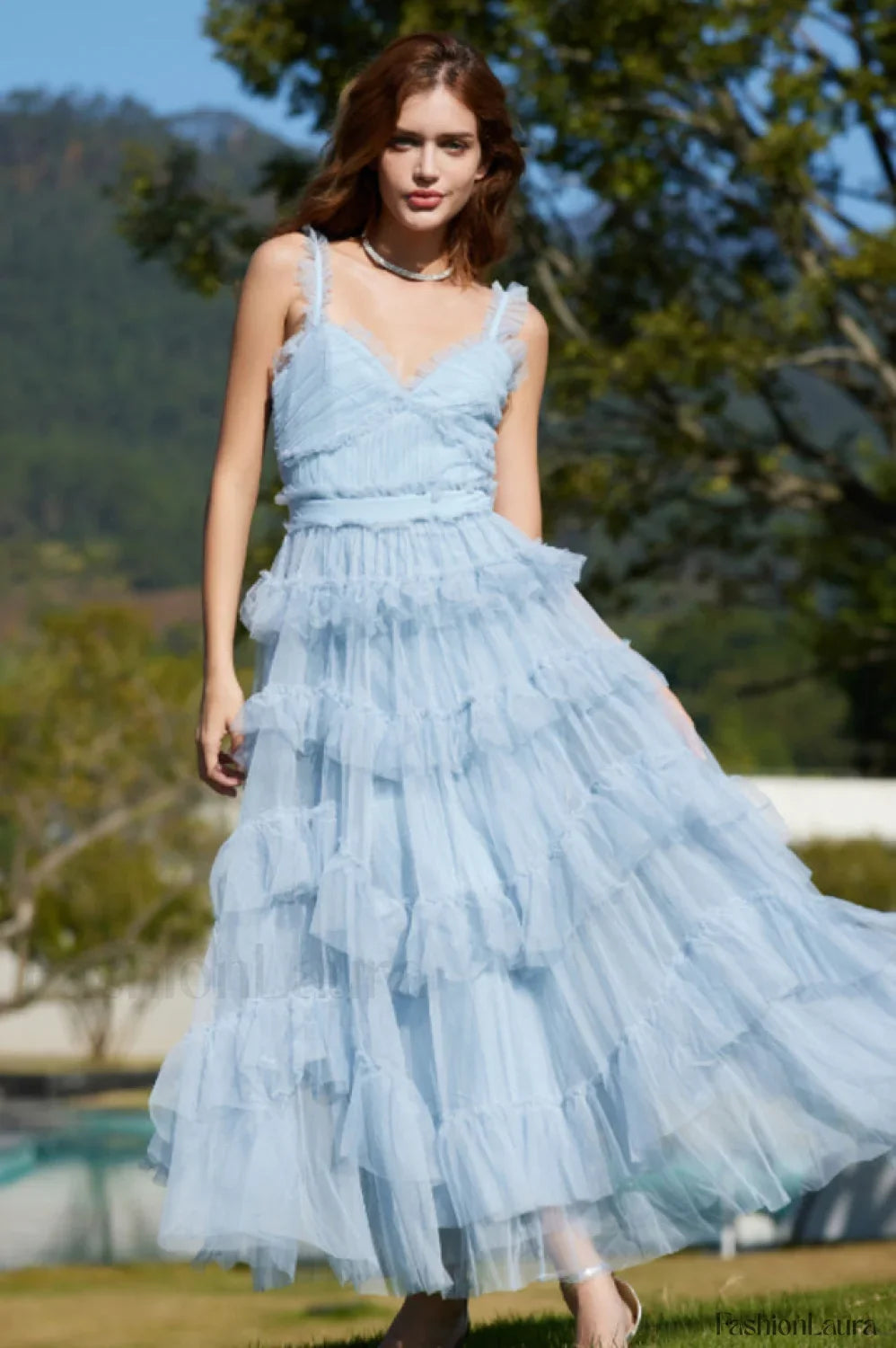 Ruffle V Neck Charming Tiered Tulle Evening Dress