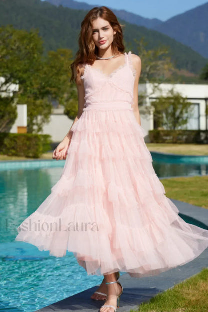 Ruffle V Neck Charming Tiered Tulle Evening Dress