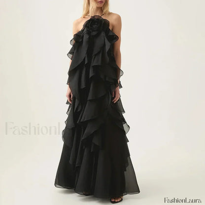 Ruffled Flower Chiffon Maxi Dress