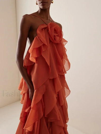 Ruffled Flower Chiffon Maxi Dress