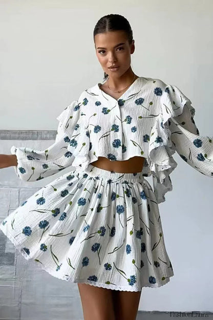 Ruffled Strawberry Stylish Print Skirt Set