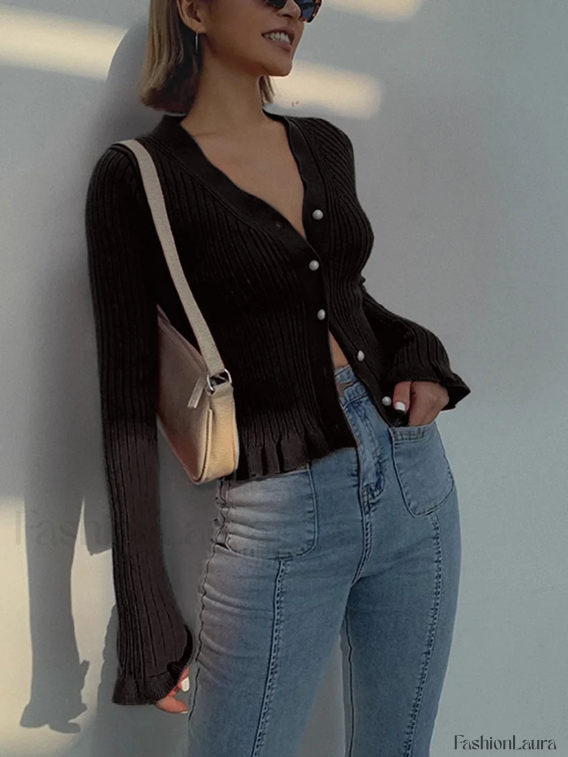 Ruffled Trim Pearl Button Long Sleeve Cardigan
