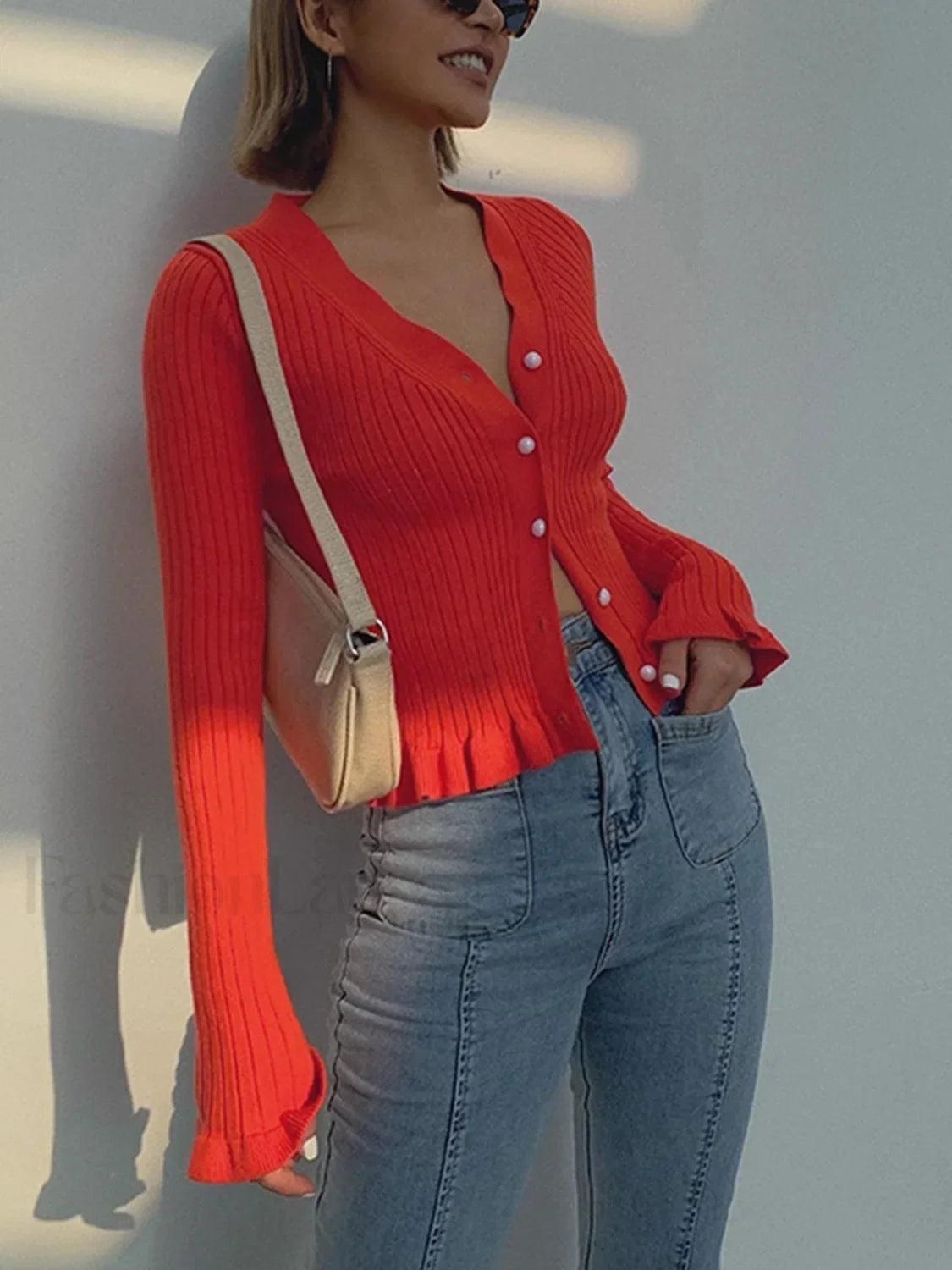 Ruffled Trim Pearl Button Long Sleeve Cardigan
