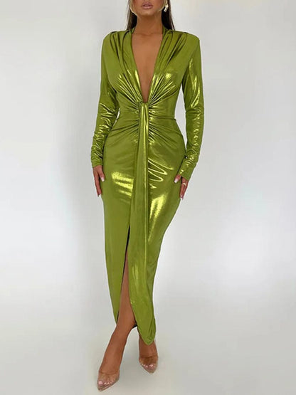 Deep V-Neck Long Sleeve Twist Knot Ruched High Split Bodycon Midi Dress