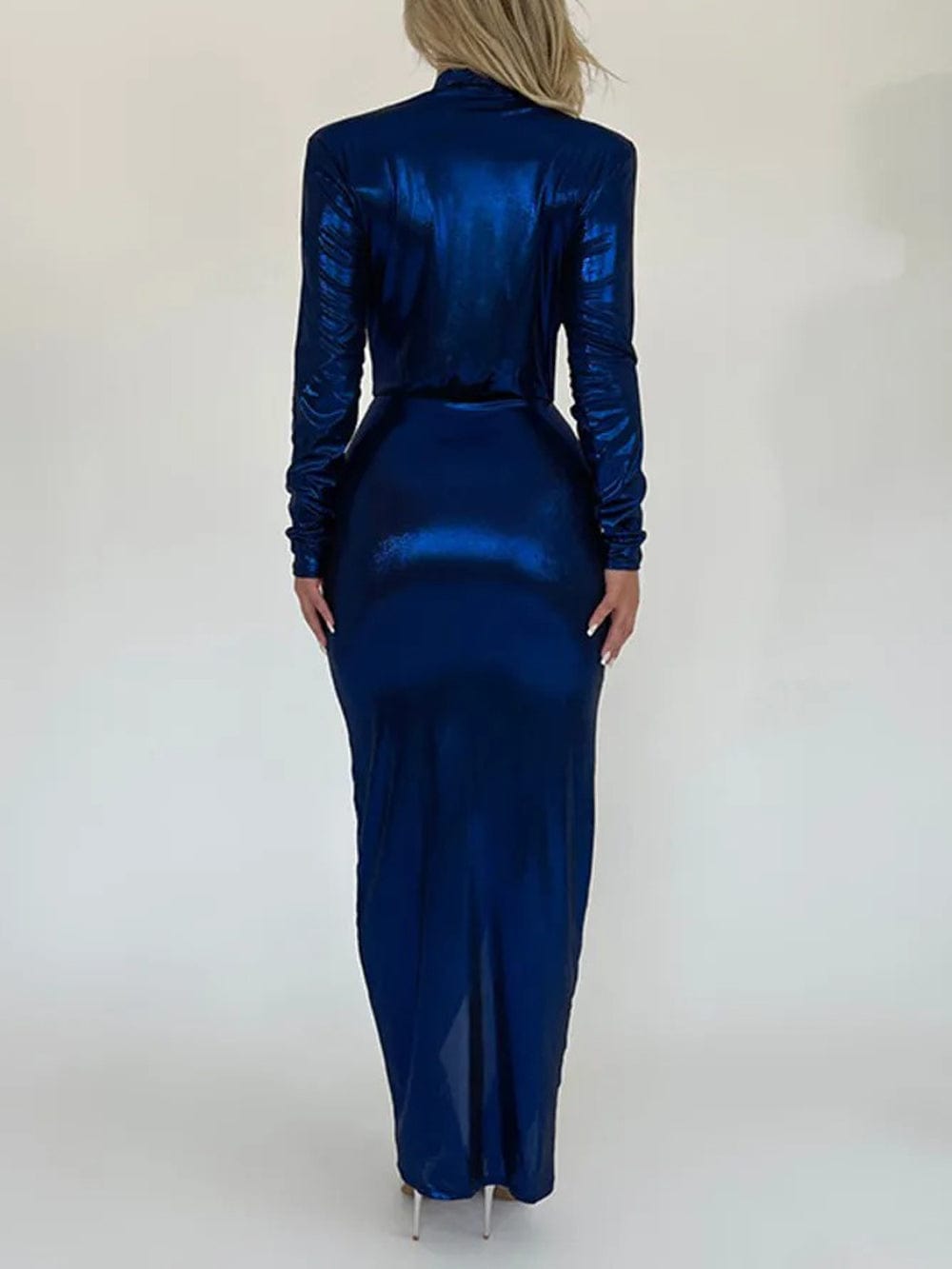 Deep V-Neck Long Sleeve Twist Knot Ruched High Split Bodycon Midi Dress