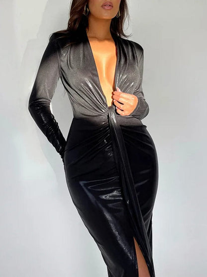 Deep V-Neck Long Sleeve Twist Knot Ruched High Split Bodycon Midi Dress