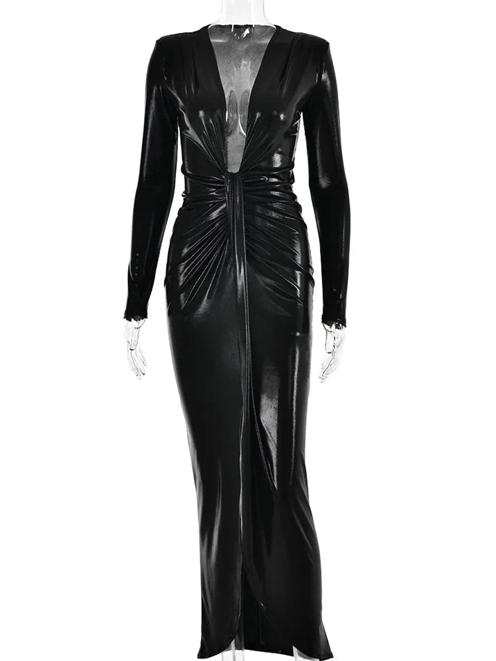 Deep V-Neck Long Sleeve Twist Knot Ruched High Split Bodycon Midi Dress