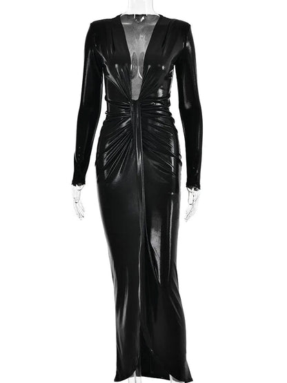 Deep V-Neck Long Sleeve Twist Knot Ruched High Split Bodycon Midi Dress