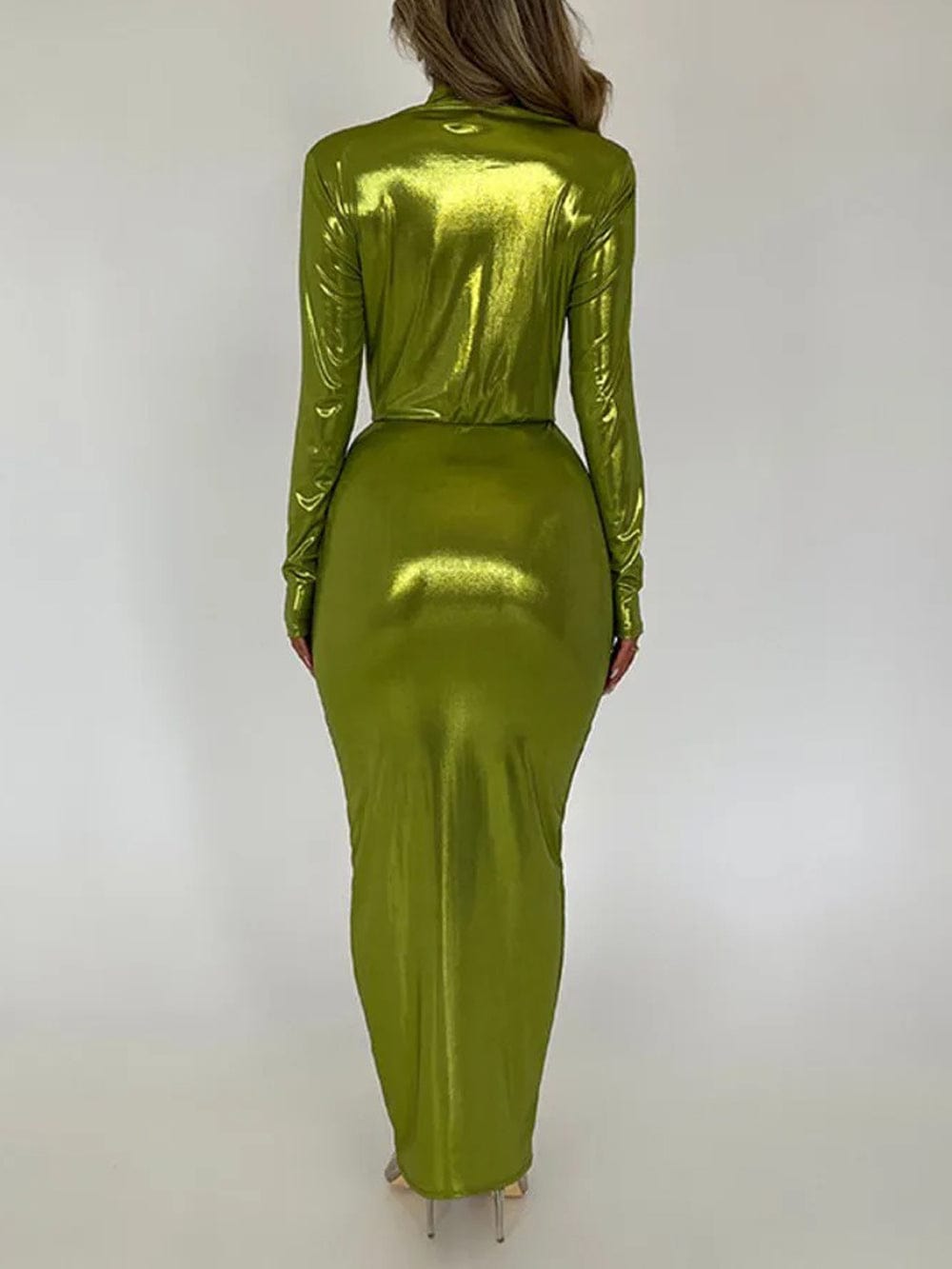 Deep V-Neck Long Sleeve Twist Knot Ruched High Split Bodycon Midi Dress