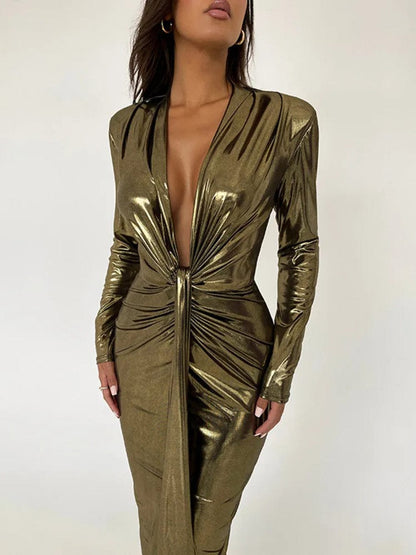 Deep V-Neck Long Sleeve Twist Knot Ruched High Split Bodycon Midi Dress