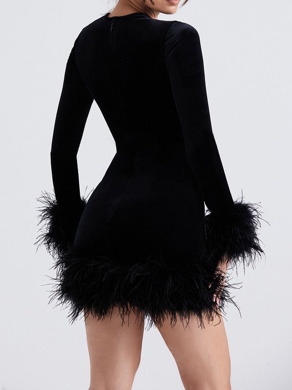 Velvet Long Sleeve Feather Trim Bodycon Mini Dress