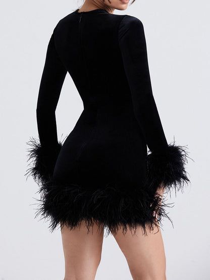Velvet Long Sleeve Feather Trim Bodycon Mini Dress