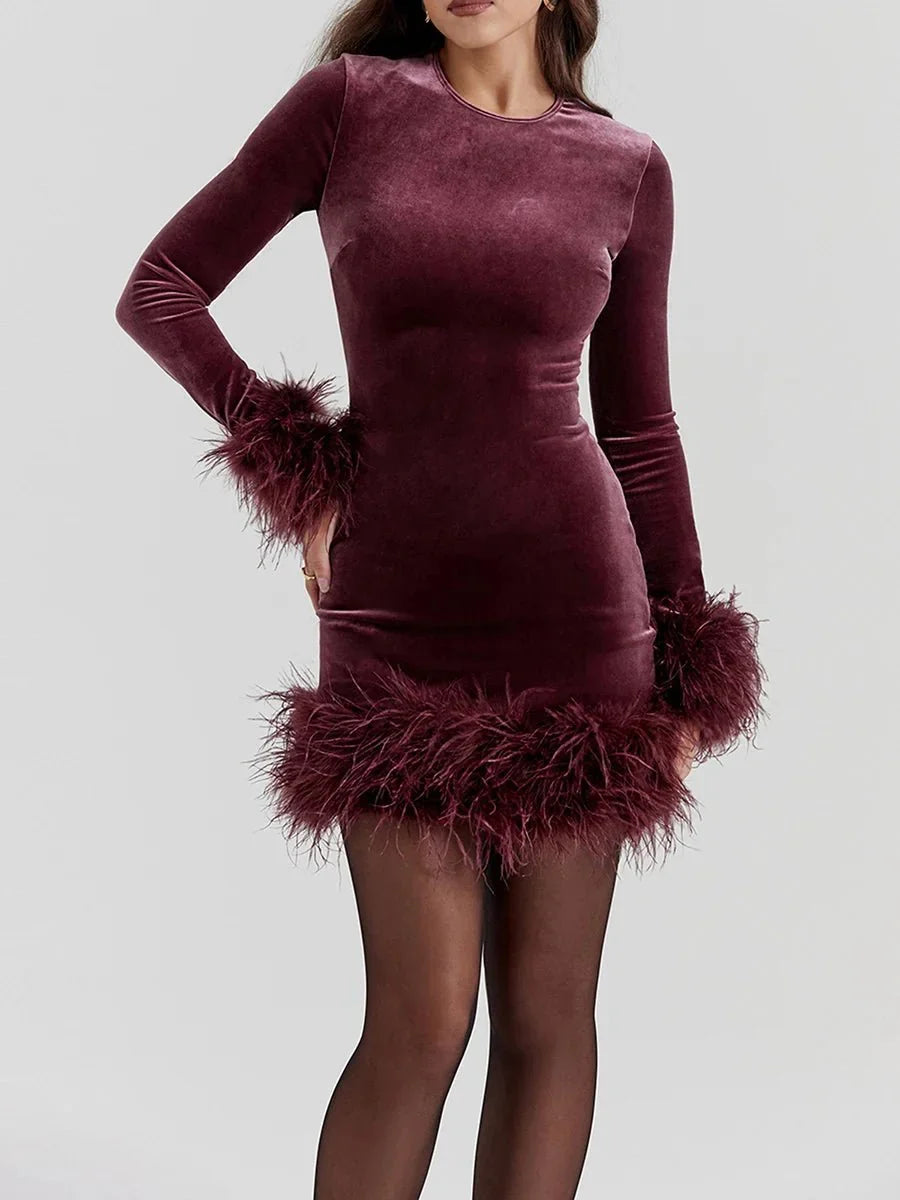 Velvet Long Sleeve Feather Trim Bodycon Mini Dress