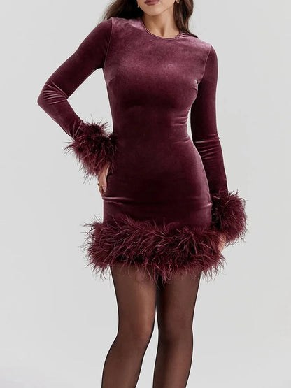 Velvet Long Sleeve Feather Trim Bodycon Mini Dress