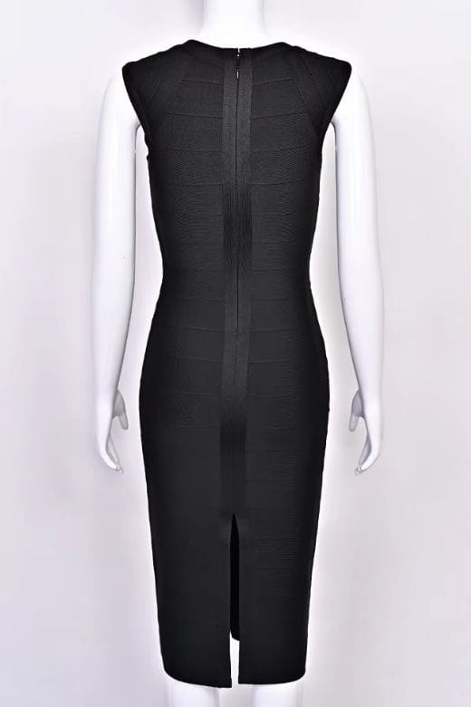 Classic Black Deep V-Neck Sleeveless Bandage Bodycon Midi Dress