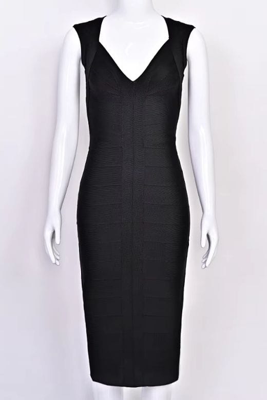 Classic Black Deep V-Neck Sleeveless Bandage Bodycon Midi Dress