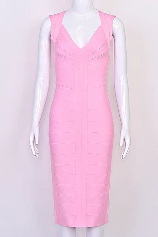 Dusty Pink Deep V-Neck Sleeveless Bandage Bodycon Midi Dress