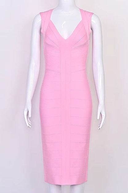 Dusty Pink Deep V-Neck Sleeveless Bandage Bodycon Midi Dress