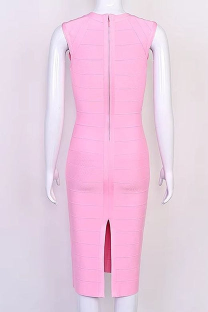Dusty Pink Deep V-Neck Sleeveless Bandage Bodycon Midi Dress